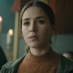 a woman with brown sweater and earrings looks on