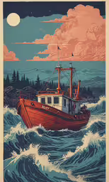 a boat floating through the ocean on top of a wave,a poster depicts a red ship in rough choppy seas