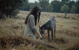 woman kneeling down with her head next to a baby horse