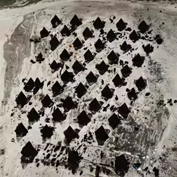 an aerial photo of black squares in dirt