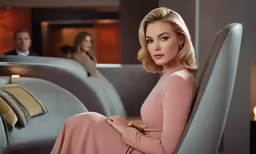 a woman in a pink dress sitting in a gray chair