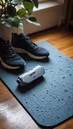 two shoes on a mat and a hair brush sitting by the window