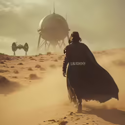 star wars in the desert, with a sand droid and a soldier
