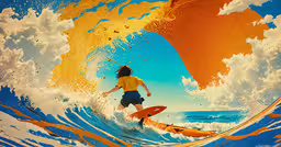 a man on a surfboard surfing inside of a wave,this painting depicts a young man surfing in a wave