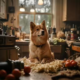 a dog is sitting next to the counter with spaghetti