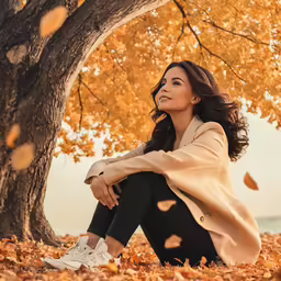 a woman is sitting under a tree while autumn leaves fly around