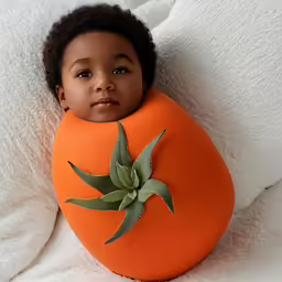 young kid sleeping in a large orange pillow