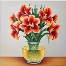 painting of red and yellow flowers in a vase,a painting of orange and red flowers in a yellow vase,the painting shows flowers in a glass vase,a painting of flowers in a yellow vase,a painting of a vase with red flowers