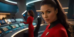 woman in star trek into space and looking at camera