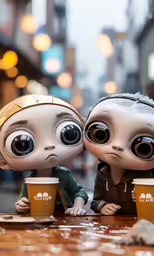 two little alien figurines with cups are sitting on the table