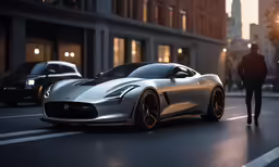 the silver car is driving on the road near cars