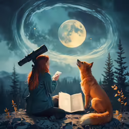 the girl is reading her book near the dog