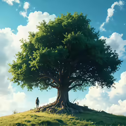 a man stands on a small hill next to a tree