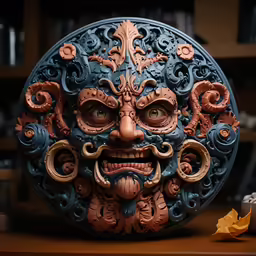 a mask sitting on top of a wooden table
