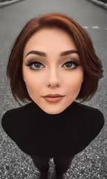 the woman has brown hair and a black turtleneck