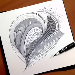 a drawing of an abstract flower on a piece of paper,a pen drawing an abstract wave of water