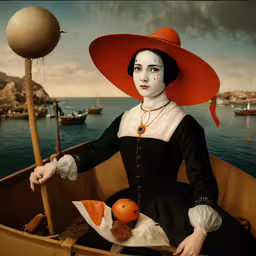 a painting of a woman in a boat with orange hats,a painting of a woman in a boat with an orange object