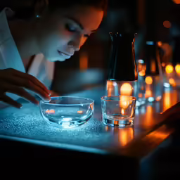 a girl looks down at her water and candle light