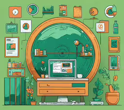 graphic of a computer monitor in front of green wall,an orange computer in front of some other pictures