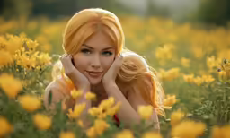 a beautiful woman is lying in the grass and some flowers