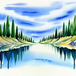 watercolor painting of mountains and lake with clouds and trees,an artistic painting with watercolor painting style