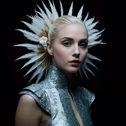 the model in this photo is posing with feathers