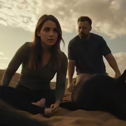man and woman sit on the sand with a black horse