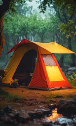 a tent pitched up next to a tree,the tent is pitched near the stream in the forest