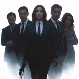 a woman and two men dressed in suits walking away from the camera