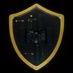 a camera mounted in a wood plaque with metal pins