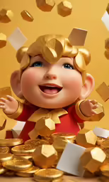 a little girl is playing with golden coins