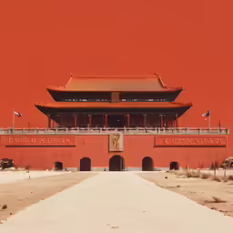 there is a red building with many doors and windows