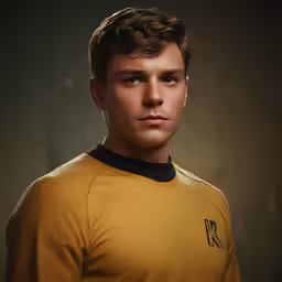 a young man wearing a star trek uniform poses for a portrait