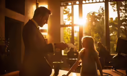 there is a man and little girl standing in a restaurant