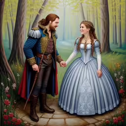 a painting of a man and woman holding hands while standing in the woods,a painting of a man and woman holding hands in front of a forest