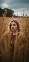 a woman stands in a field full of tall grass