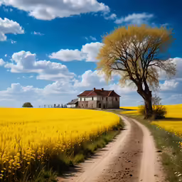 an empty dirt road runs through a field of flowers with a house