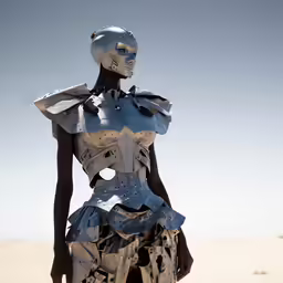 the female model is wearing metallic clothing in the desert
