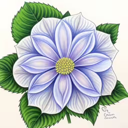 an art work of a flower with green leaves,a drawing of a white and blue flower with green leaves