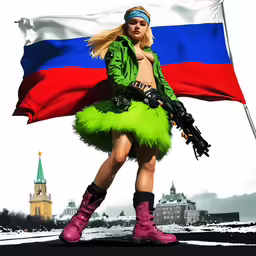 woman in fur coat with machine gun holding russian flag