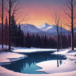 the snow - covered mountain is seen in the background as it sits near a pond,a stream of water surrounded by snow covered trees
