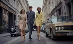 three women walking down the street with a man in the back