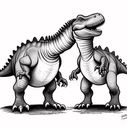 two dinosaurs with mouths open and big teeth,two cartoon dinosaurs with one holding a large one