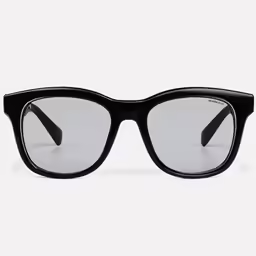 a pair of black glasses with clear lenses