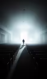 a person stands in a dark room with rows of chairs