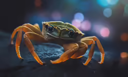 the face and tail of a small jumping crab