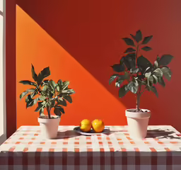 two lemons are placed next to two plants on a table
