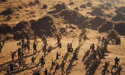 a group of people on horseback moving across a desert