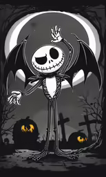 skeleton dressed in skeleton costume with bats and tombstone