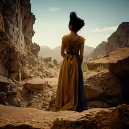 the woman in yellow and blue dress is standing near a stone wall